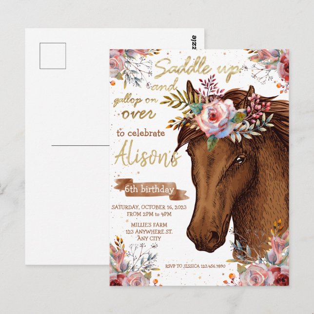Carte Postale Fête d'anniversaire Editable Horse Cowgirl (Devant / Derrière)