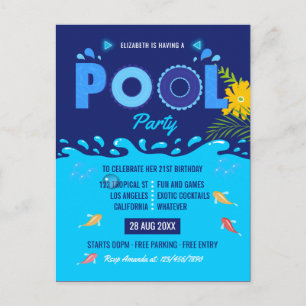 Carte Postale Fête d'anniversaire estivale piscine bleu royal