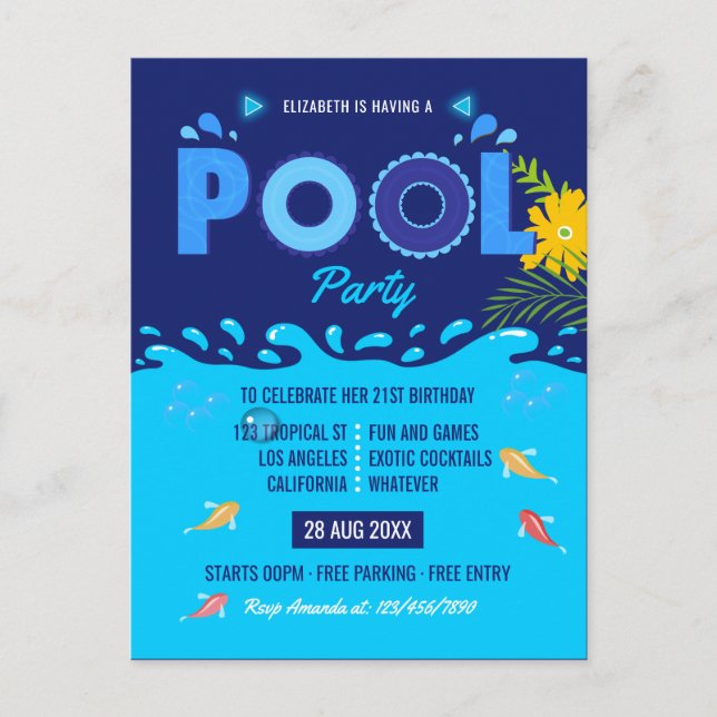 Carte Postale Fête d'anniversaire estivale piscine bleu royal (Devant)
