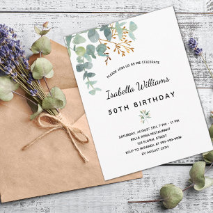 Carte Postale fête d'anniversaire eucalyptus blanc or vert éléga