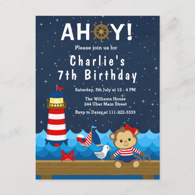 Carte Postale Fête d'anniversaire fille nautique singe rouge et  (Devant)