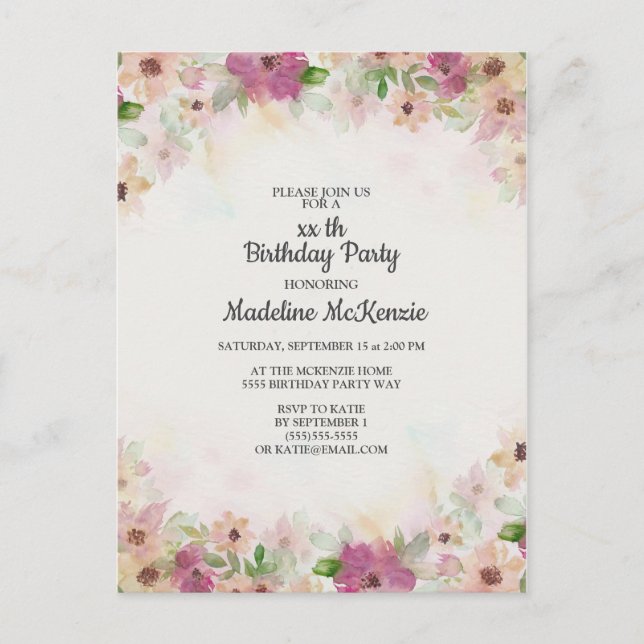 Carte Postale Fête d'anniversaire florale à l'aquarelle rose vio (Devant)