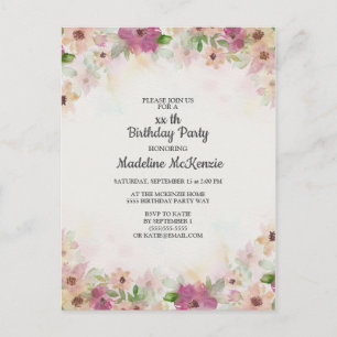 Carte Postale Fête d'anniversaire florale aquarelle rose violet 