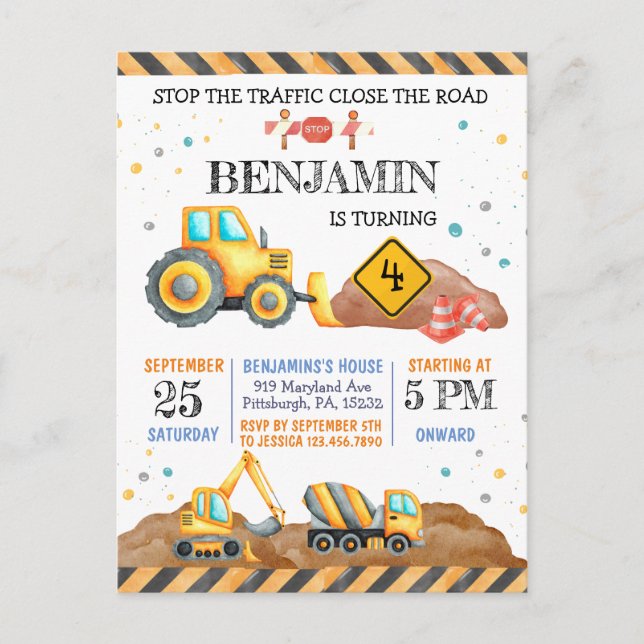 Carte Postale Fête d'anniversaire garçon mignon véhicules de con (Devant)