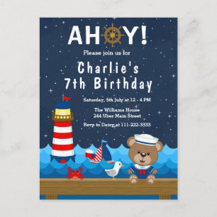 Carte Postale Fête d'anniversaire Garçon Ourson Marin Rouge et M