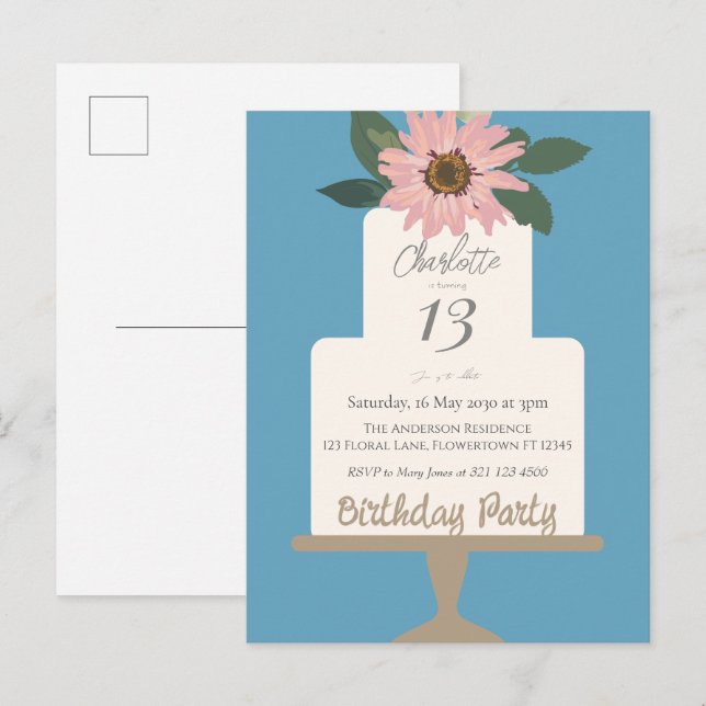 Carte Postale Fête d'anniversaire gâteau floral rose  (Devant / Derrière)