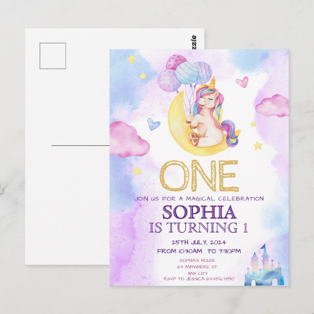 Carte Postale Fête d'anniversaire licorne magique aquarelle viol (Devant / Derrière)