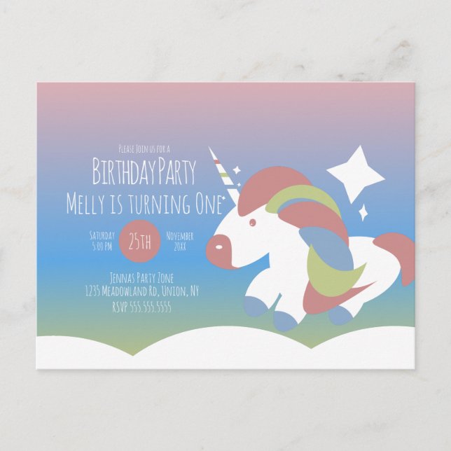 Carte Postale Fête d'anniversaire licorne Nuages Dégradé de coul (Devant)