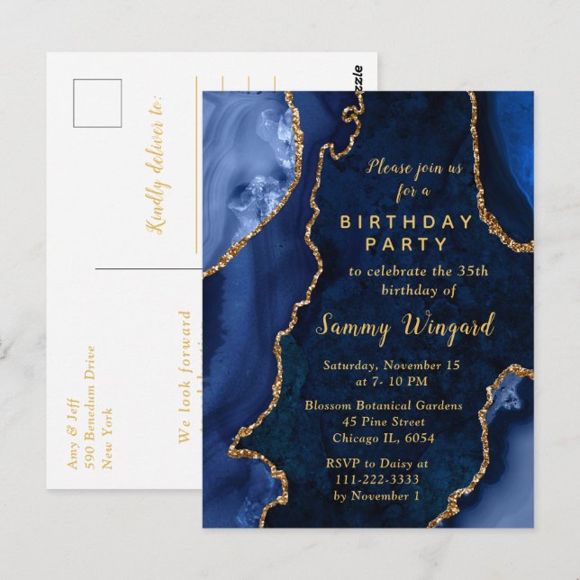 Carte Postale Fête d'anniversaire Marbre Agate Bleu Nuit et Or (Devant / Derrière)