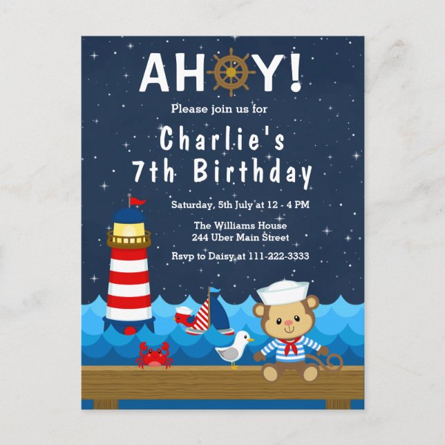 Carte Postale Fête d'anniversaire Marin Garçon Singe Rouge et Bl (Devant)