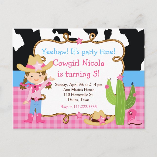 Carte Postale Fête d'anniversaire western Cowgirl brune (Devant)