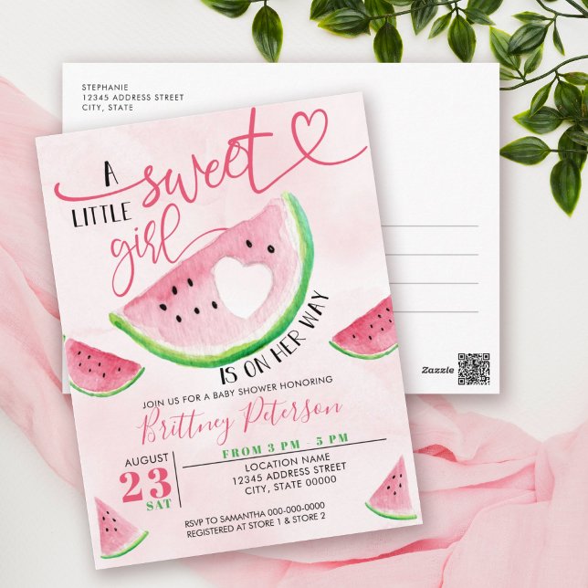 Carte Postale Fête de Bébé à l'aquarelle Rose Pastèque (Créateur téléchargé)