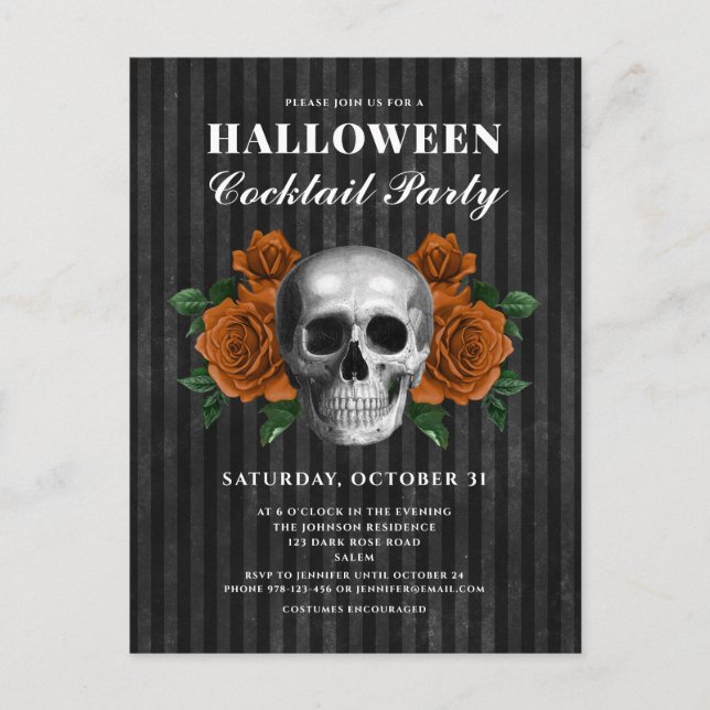 Carte Postale Fête de Cocktail Halloween Roses Gothiques & Crâne (Devant)