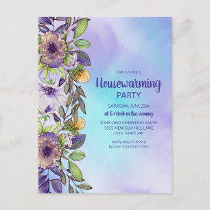 Carte Postale Fête de crémaillère Fleurs violettes jaunes