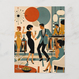 Carte Postale Fête de danse martini branchée milieu du siècle mo