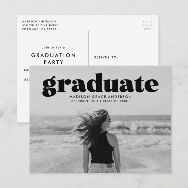 Carte Postale Fête de graduation de photos en noir gras moderne (Devant / Derrière)