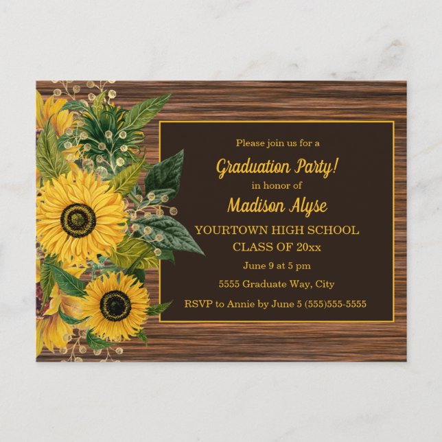 Carte Postale Fête de graduation des tournesols jaunes en bois r (Devant)