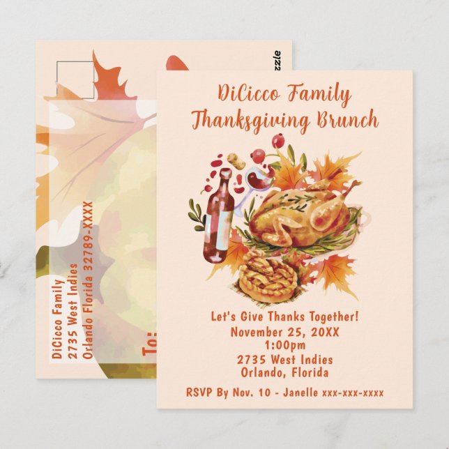 Carte Postale Fête de la récolte de Brunch Thanksgiving (Devant / Derrière)