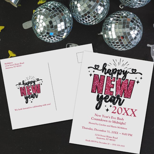 Carte Postale Fête de la Saint-Sylvestre (Glittery New Year's Eve Party Postcard Invitation)