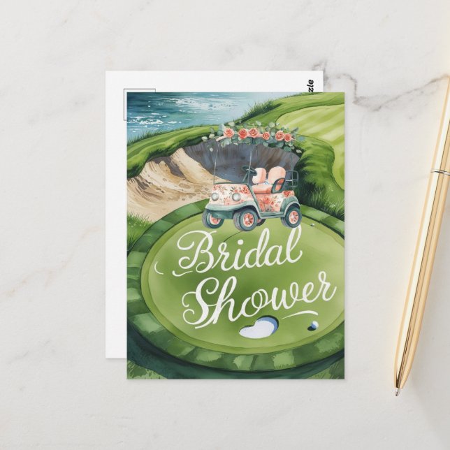 Carte Postale Fête de mariage de golf avec voiturette de golf po (Devant/Arrière en situation)