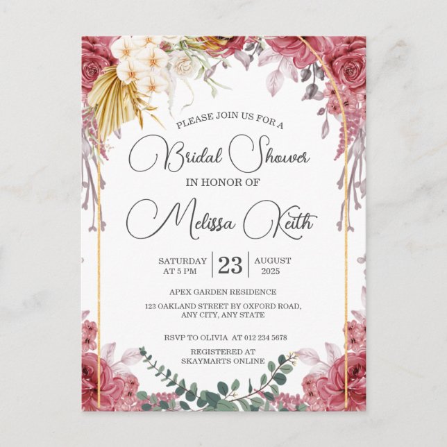 Carte Postale Fête de mariage Floral Bourgogne Or Eucalyptus (Devant)