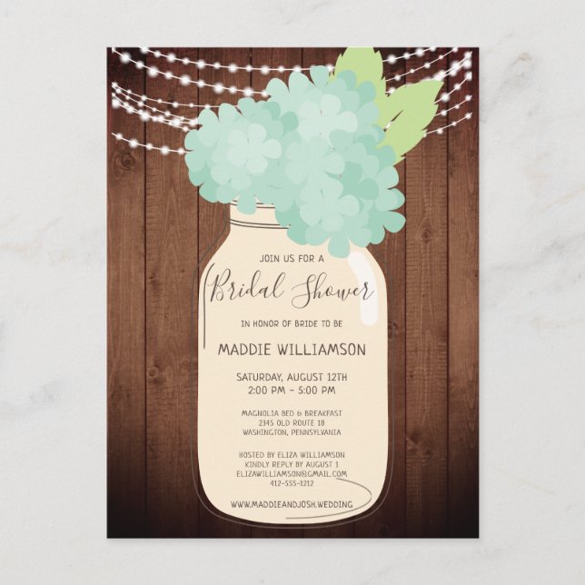 Carte Postale Fête de mariage rustique Lumière de pot Mason pour (Devant)