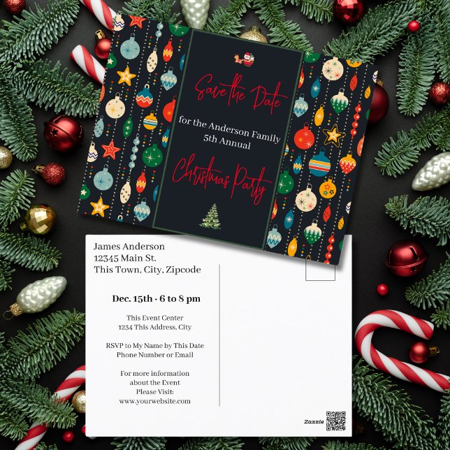 Carte Postale Fête de Noël de famille Enregistrer la date Orneme (Family Christmas Party Save the Date Ornaments Postcard)