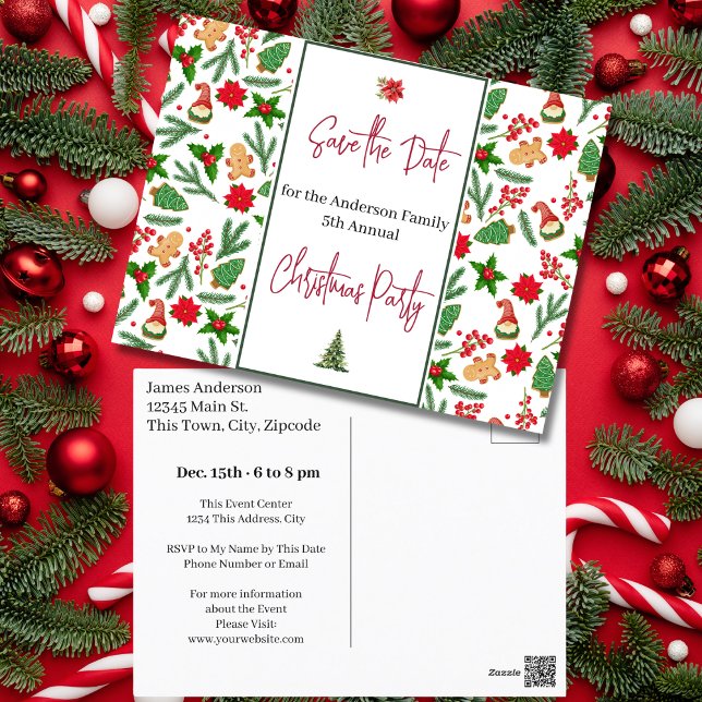 Carte Postale Fête de Noël de famille Sauvez la date Holly Berry (Family Christmas Party Save the Date Holly Berry Postcard)