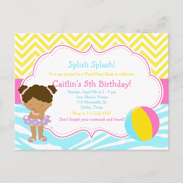 Carte Postale Fête de piscine pour fille afro-américaine (Devant)