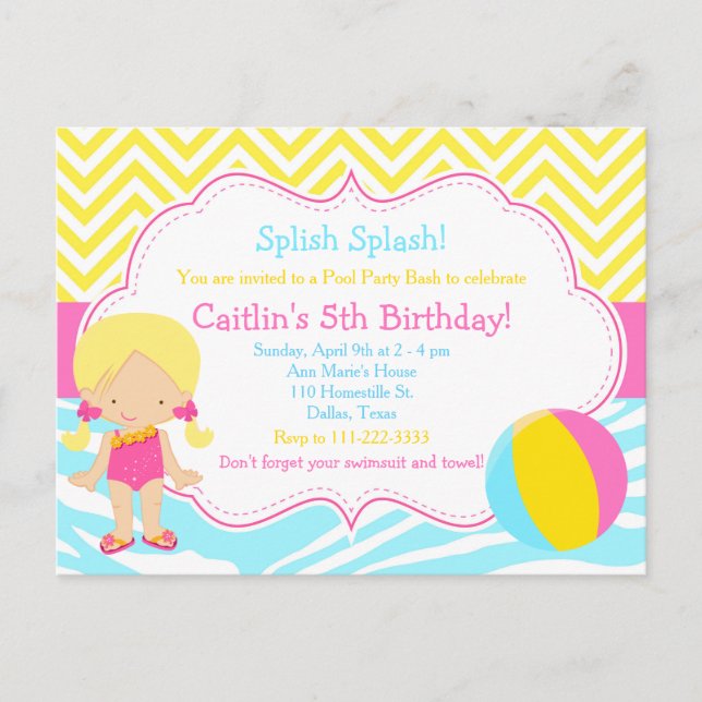 Carte Postale Fête de piscine pour fille blonde (Devant)