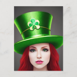 Carte Postale Fête de Saint-Patricks Femme Cheveux rouges Tophat