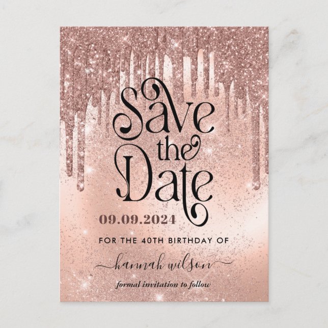 Carte Postale Fête des 40 ans Rose Gold Save The Date   (Devant)