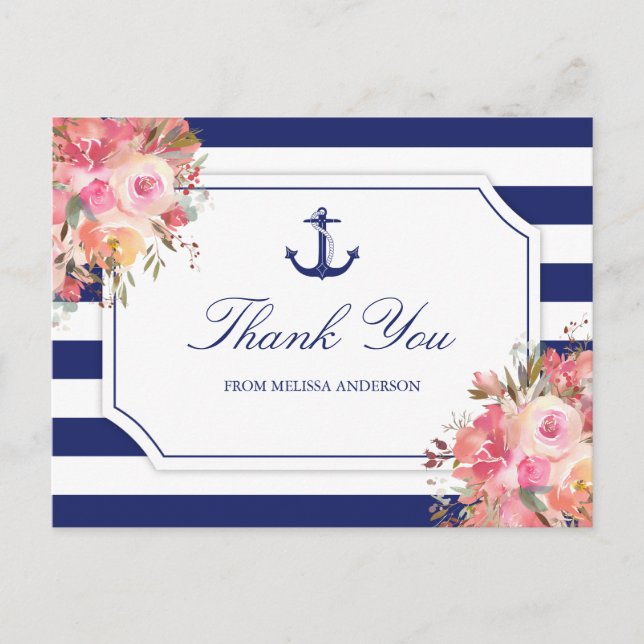 Carte Postale Fête des mariées Ancre marine Merci floral (Devant)