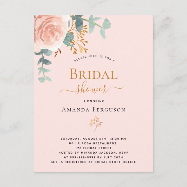 Carte Postale Fête des mariées rose or floral eucalyptus élégant (Devant)