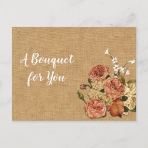 Carte Postale Fête des mères Pêcher Roses Bouquet rouille Burlap