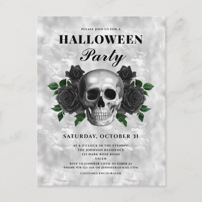 Carte Postale Fête d'Halloween Roses Noires Gothiques et Crâne (Devant)