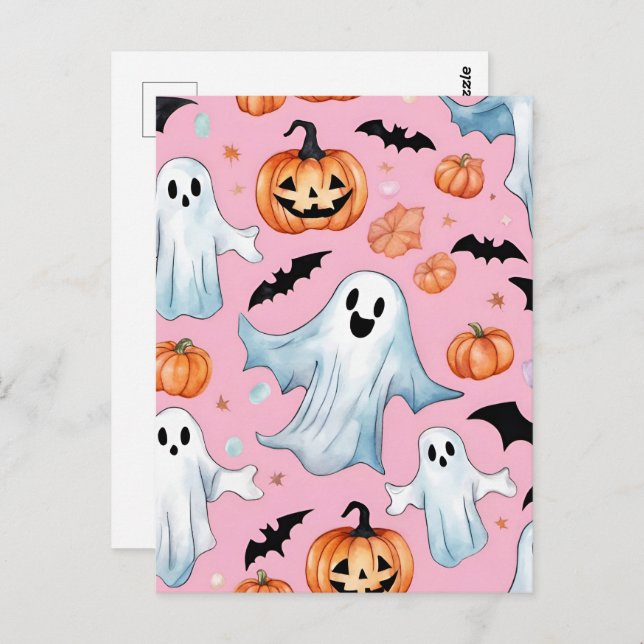 Carte Postale Fête Fantôme en rose (Devant / Derrière)