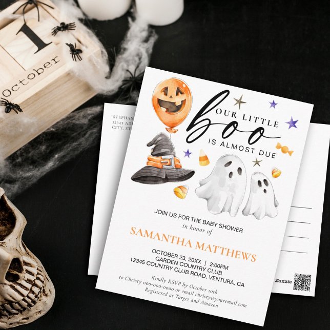 Carte Postale Fête Prénatale de Bébé Halloween en Aquarelle Litt (Little boo is almost due themed baby shower invitation with adorable Halloween watercolor ghosts.)