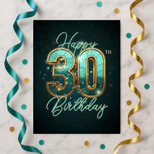 Carte Postale Fête scintillante sarcelle et or 30e anniversaire