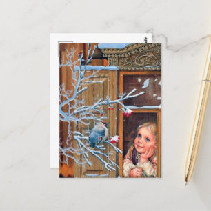 Carte Postale fête vintage Noël fille et oiseau Vacances