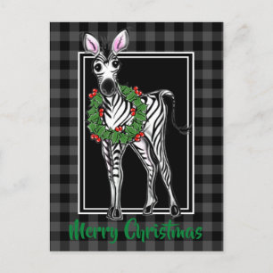 Carte Postale Fête Zebra Holly couronne, plaid gris