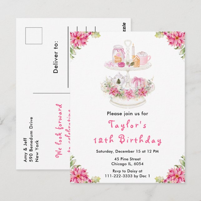 Carte Postale Fêtes Thé de Noël Anniversaire Fête Rose (Devant / Derrière)