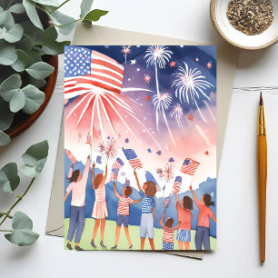 Carte Postale Feu d'artifice du 4 juillet   Aquarelle USA