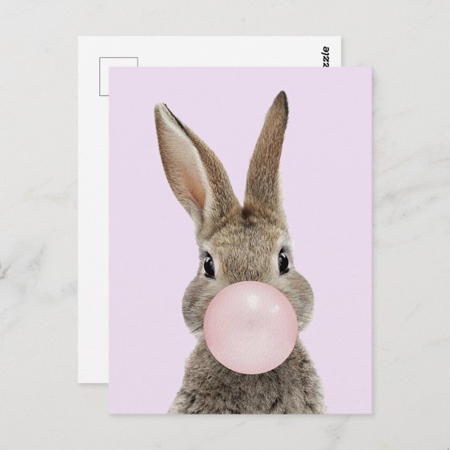 Carte Postale Feu de lapin rose bulle gomme (Devant / Derrière)