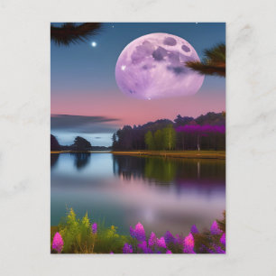 Carte Postale Feuillage pourpre Lune et lac paisible