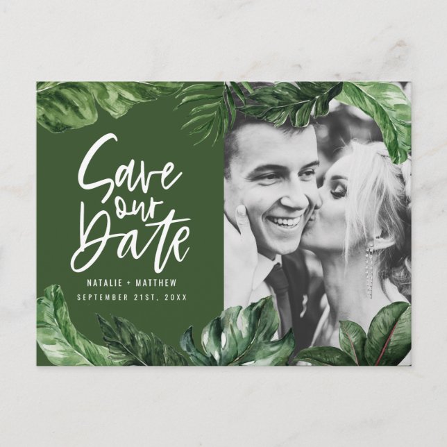 Carte Postale Feuillage tropical et lettrage manuel mariage phot (Devant)