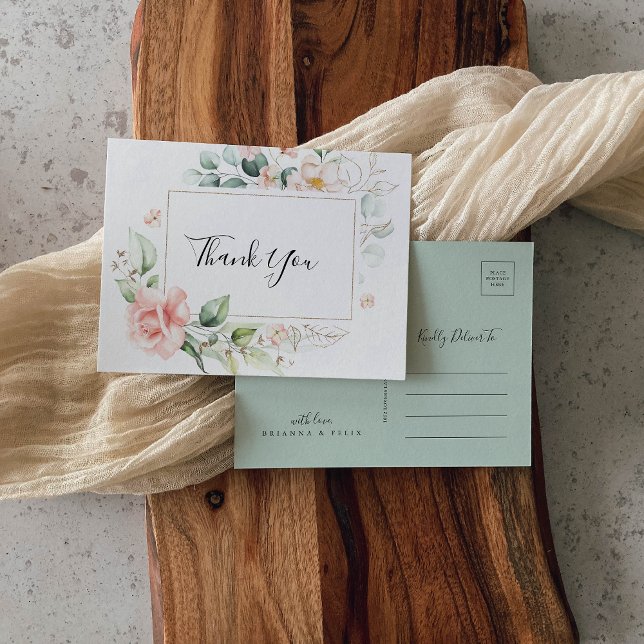 Carte Postale Feuillage vert or géométrique Merci floral (Créateur téléchargé)