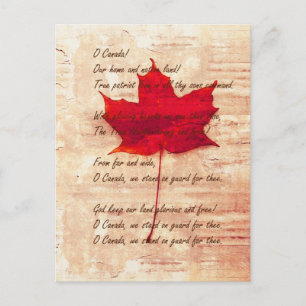 Carte Postale feuille d'érable canadienne rouge avec hymne natio