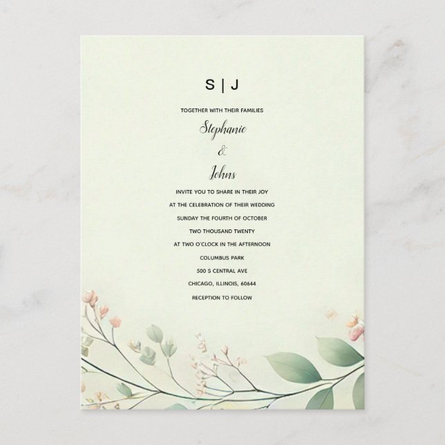 Carte Postale Feuille Floral Monogramme Sage Vert Beige Mariage (Devant)