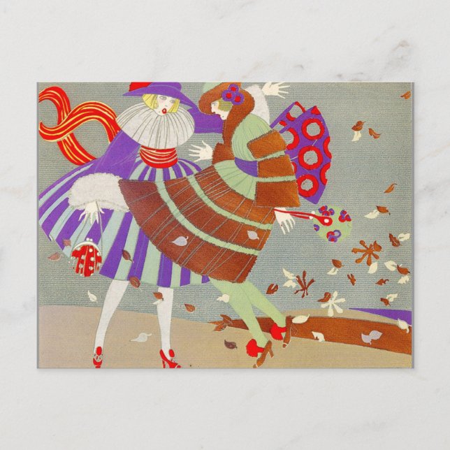 CARTE POSTALE FEUILLES D'AUTOMNE ET CONCEPTEUR DE COSTUME VENT/M (Devant)